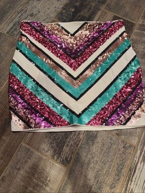 Express Sequin Chevron Mini Skirt in Pink, Teal & Gold
